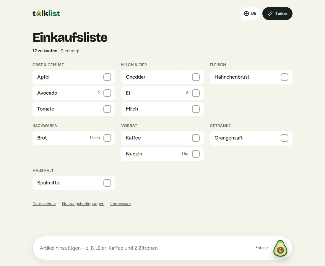 Talklist am Computer, Artikel in drei Spalten, darunter der Bereich „Erledigt“ und ein Textfeld mit Mikrofon-Taste