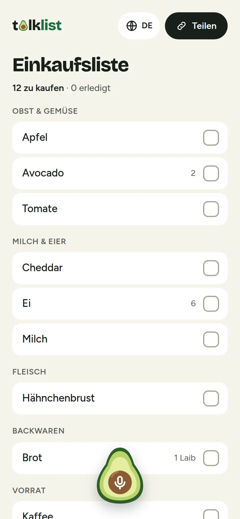 Gemeinsame Einkaufsliste auf dem Smartphone, Artikel nach Kategorien sortiert, jeweils mit Menge