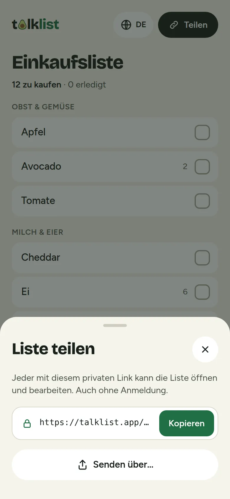 Talklist-Teilen-Fenster mit einem privaten Link, einer Schaltfläche „Kopieren“ und der Option „Senden über…“