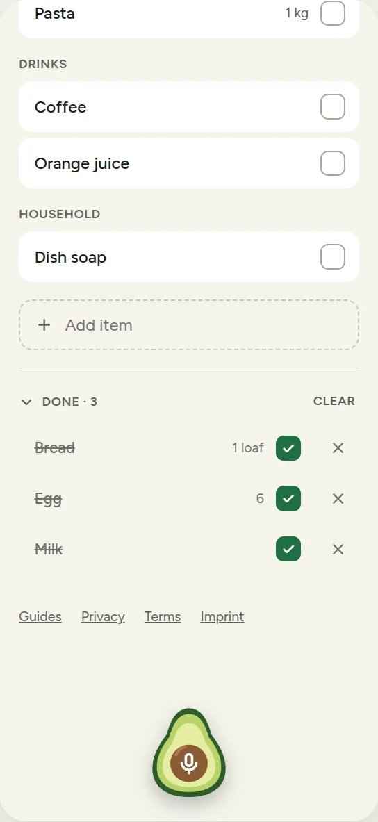 Talklist list with a Done section showing Bread, Egg and Milk ticked off, each with a remove button, and a Clear button