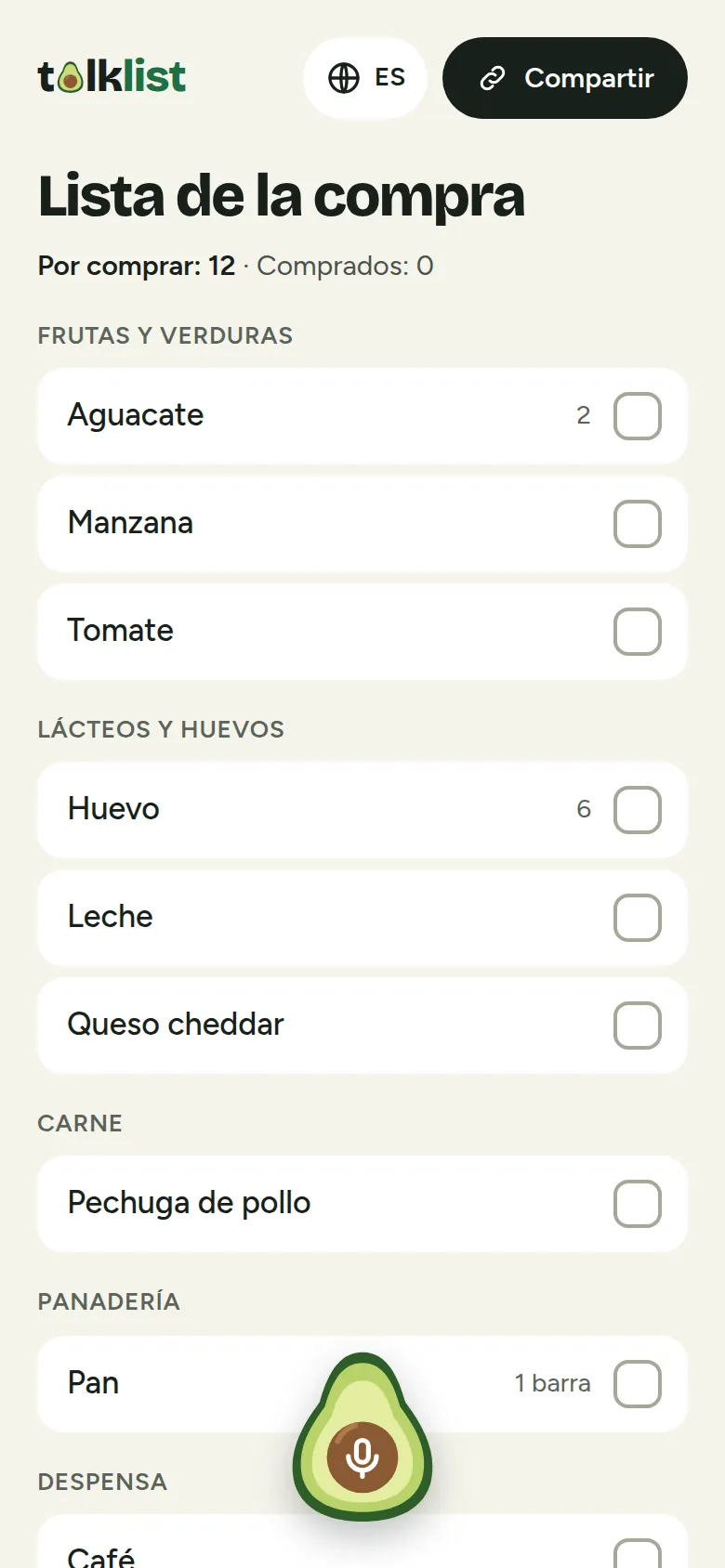 Lista de la compra compartida en el móvil, artículos ordenados por categoría, cada uno con su cantidad