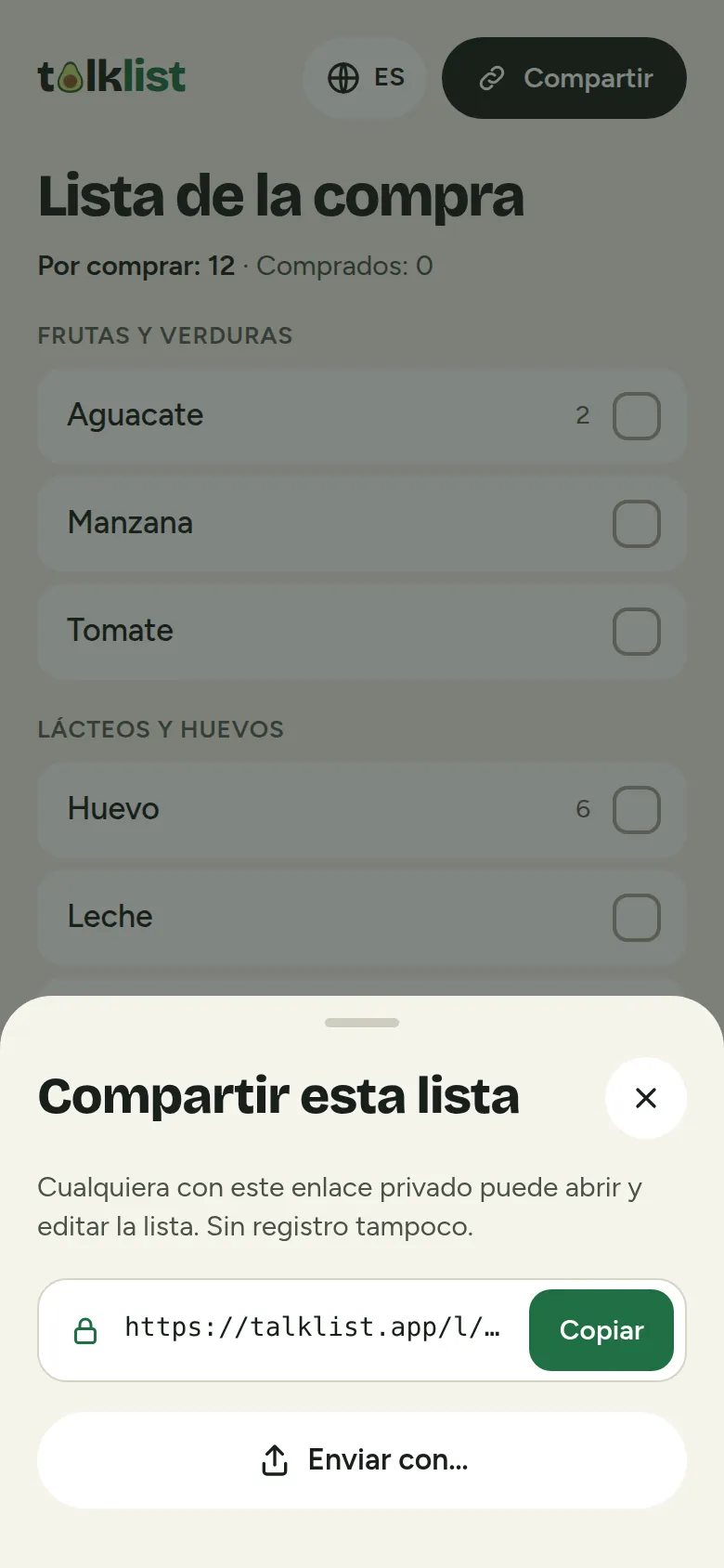 Ventana de compartir de Talklist con un enlace privado, un botón Copiar y la opción Enviar con