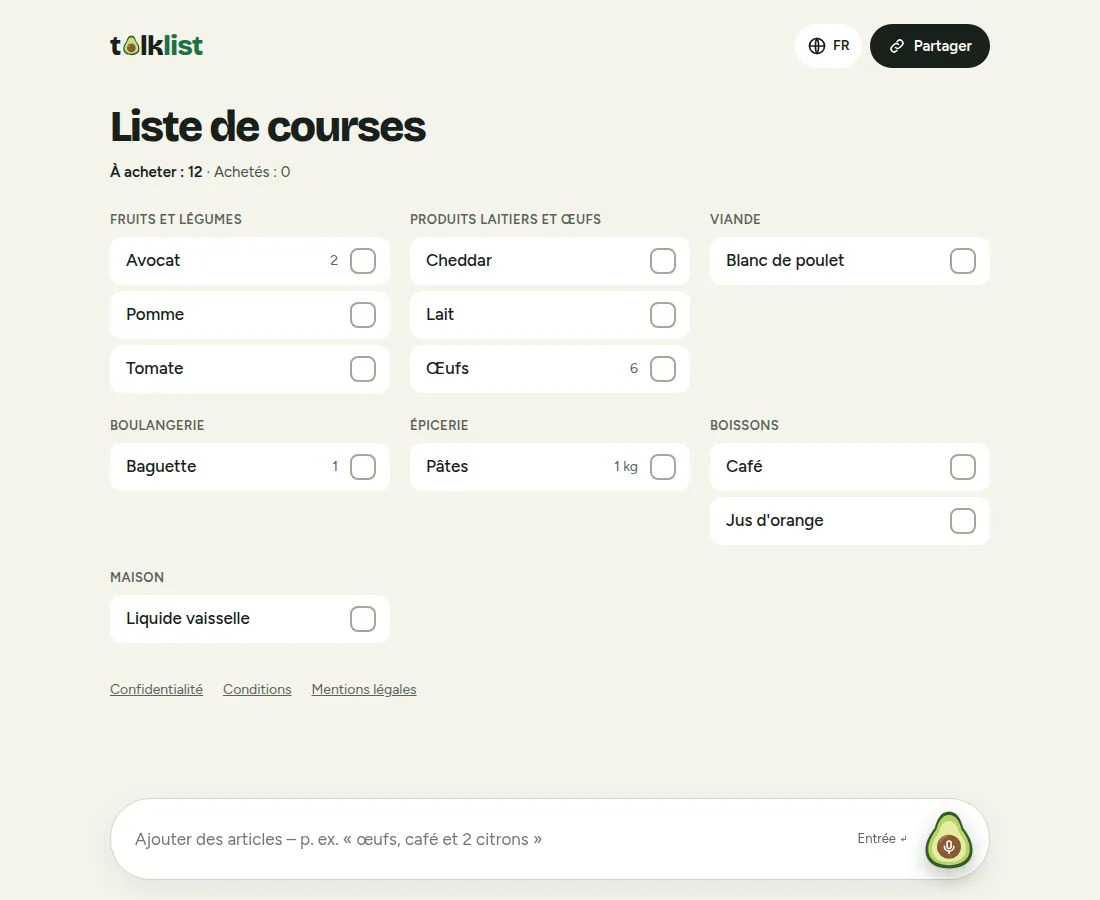 Talklist sur ordinateur, articles en trois colonnes, une section Achetés et un champ de texte avec un bouton micro en bas