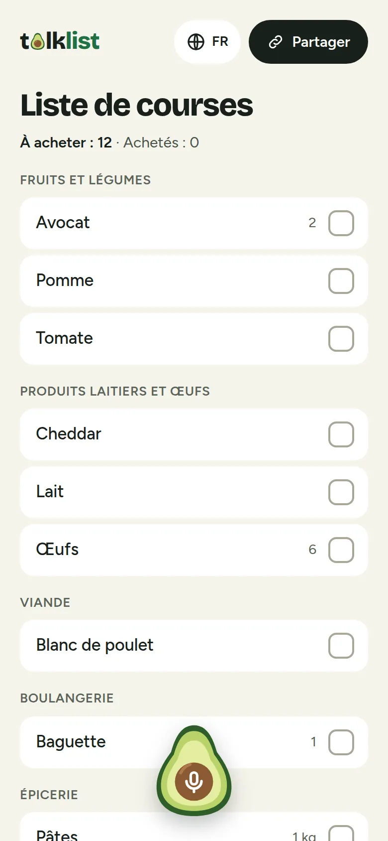 Liste de courses Talklist sur téléphone, articles groupés en Fruits et légumes, Produits laitiers et œufs, Viande, Boulangerie et Épicerie, avec leurs quantités
