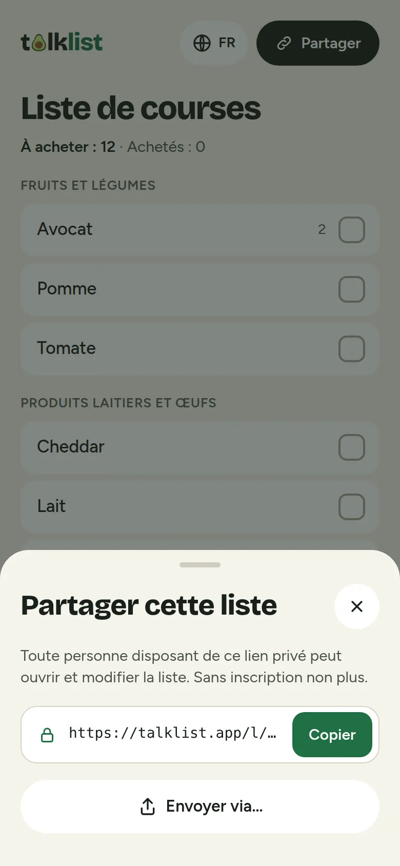 Fenêtre de partage de Talklist avec un lien privé, un bouton Copier et l'option Envoyer via