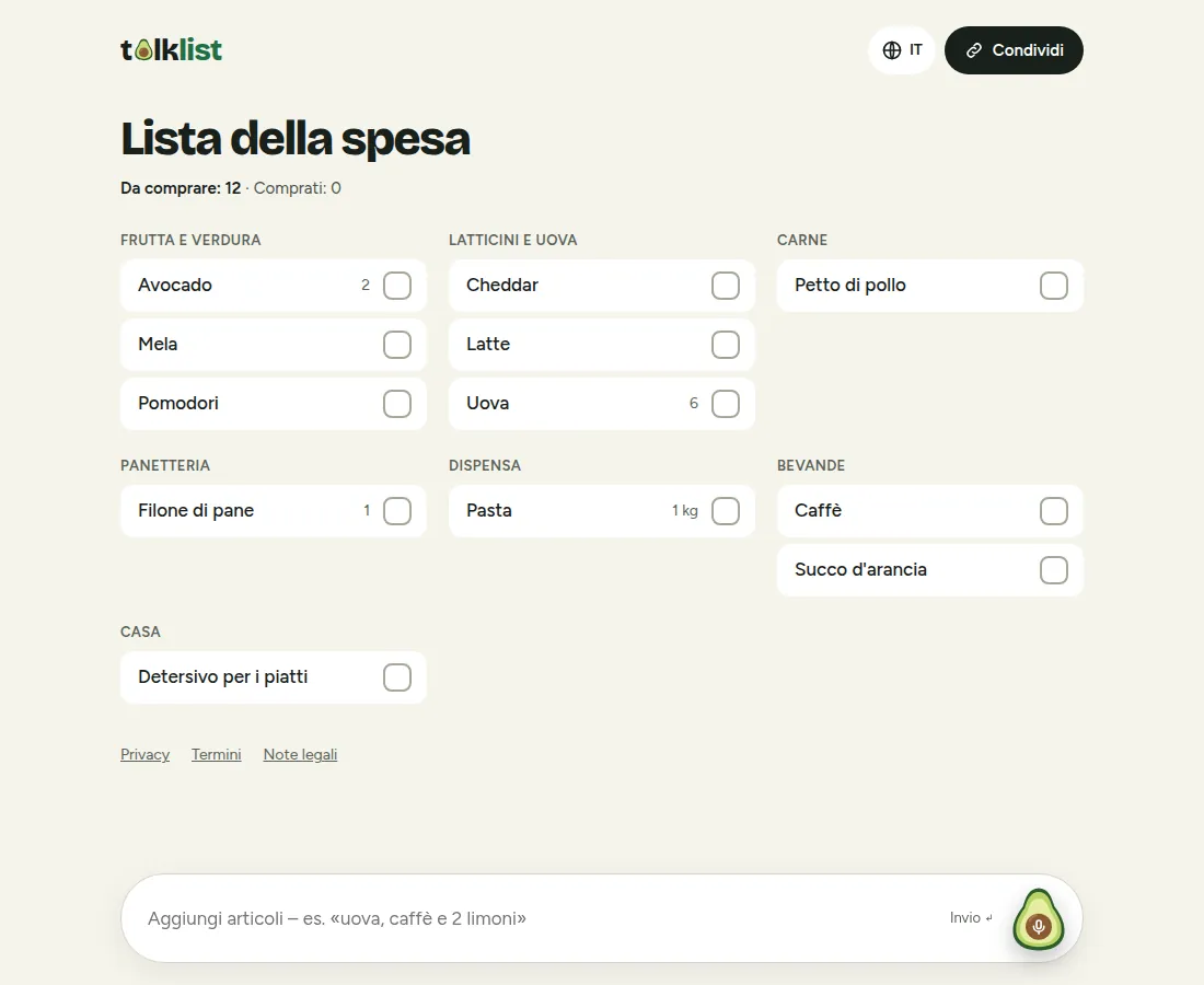 Talklist su un computer con gli articoli in tre colonne, una sezione Comprati e un campo di testo con il pulsante del microfono in basso