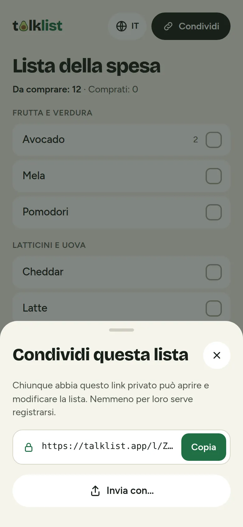 Finestra di condivisione di Talklist con un link privato, il pulsante Copia e l'opzione Invia con