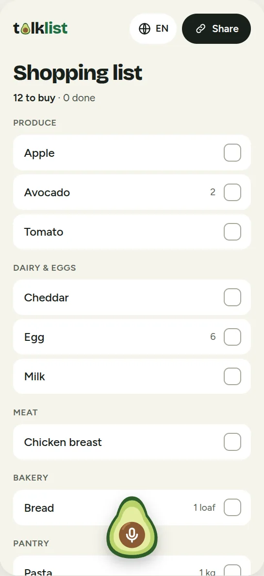 Shared grocery list on a phone, items grouped by category with quantities
