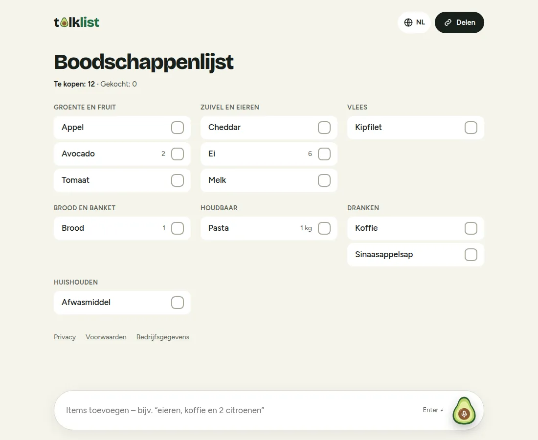 Talklist op een computer met items in drie kolommen, een onderdeel Gekocht en onderaan een tekstvak met microfoonknop
