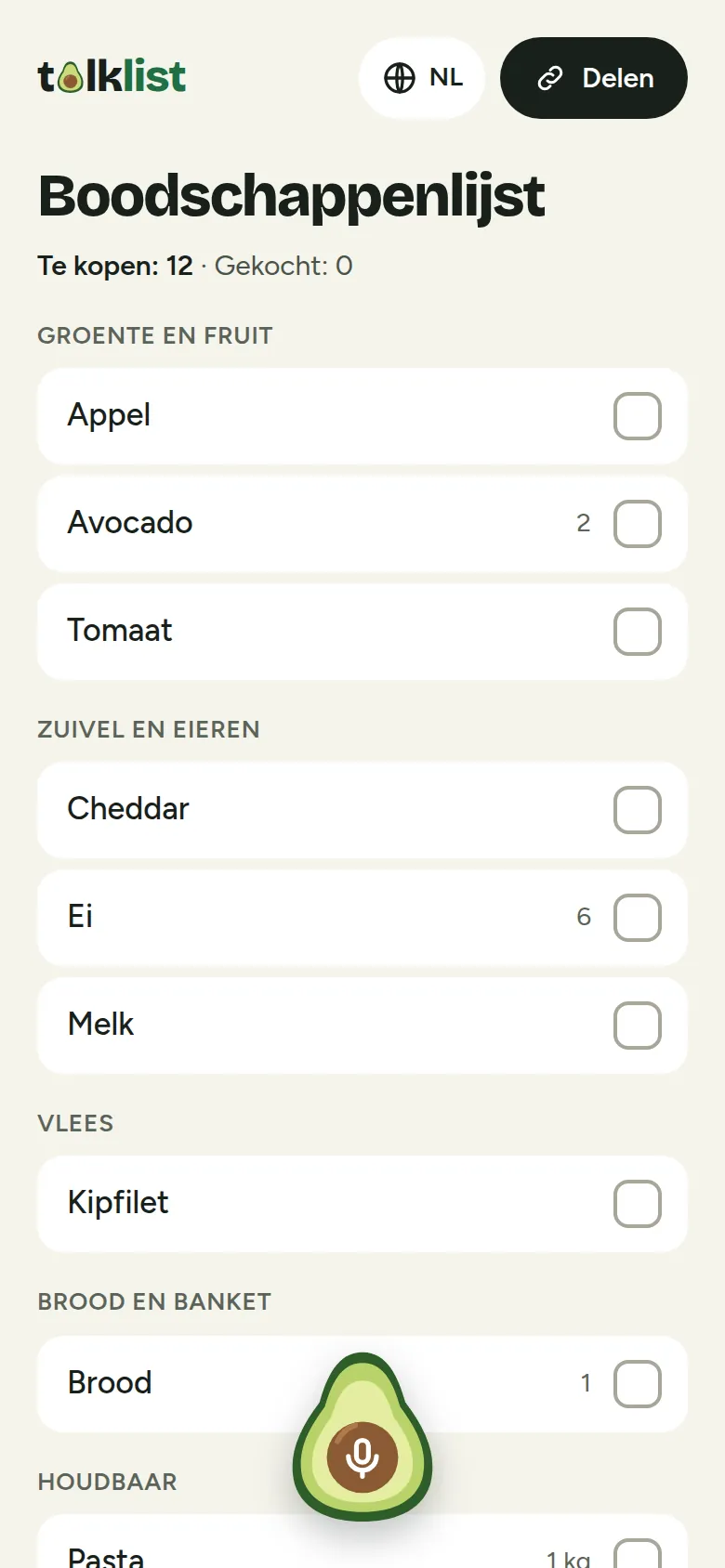 Talklist-boodschappenlijst op een telefoon, items gegroepeerd in Groente en fruit, Zuivel en eieren, Vlees, Brood en banket en Houdbaar, elk met hoeveelheid