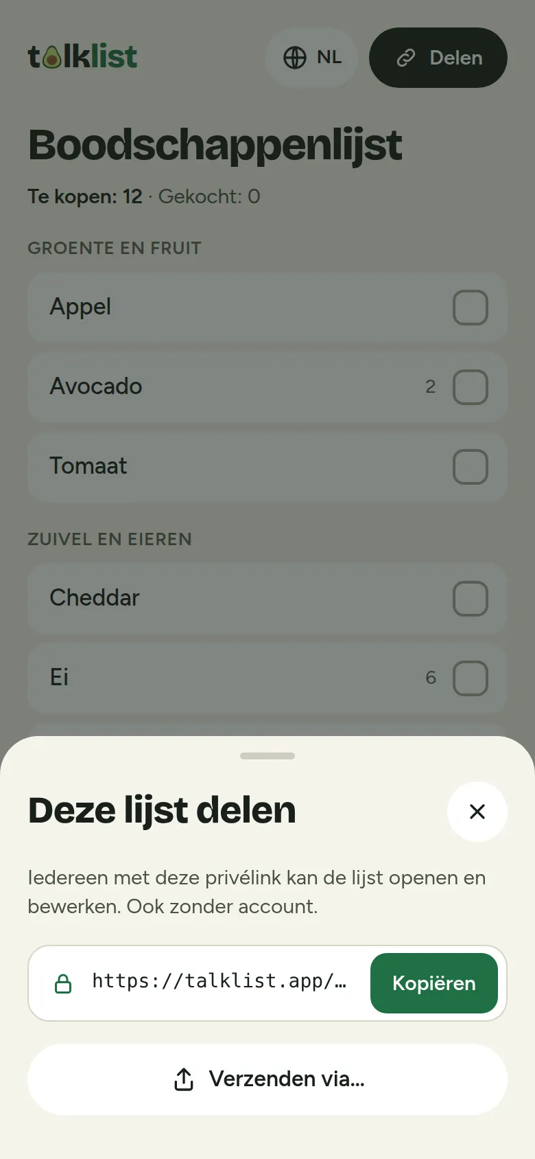 Deelvenster van Talklist met een privélink, een knop Kopiëren en de optie Verzenden via
