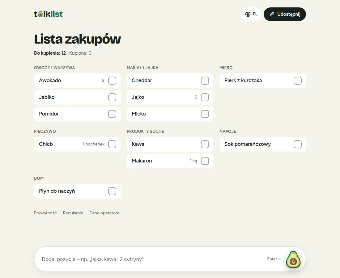 Talklist na komputerze, pozycje w trzech kolumnach, sekcja Kupione oraz pole tekstowe z przyciskiem mikrofonu na dole