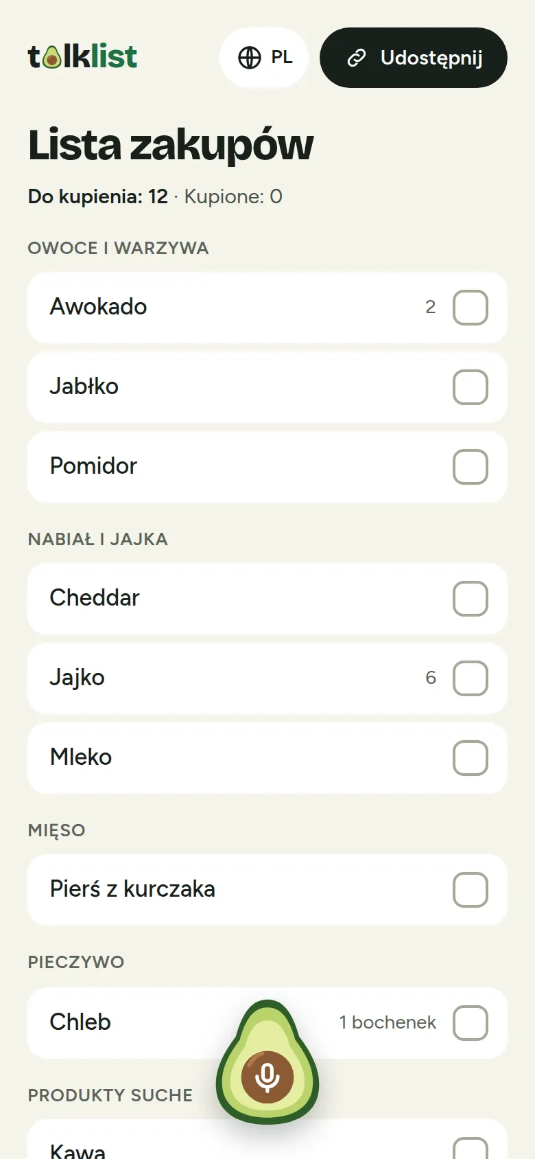 Lista zakupów Talklist na telefonie, pozycje pogrupowane w Owoce i warzywa, Nabiał i jajka, Mięso, Pieczywo i Produkty suche, z ilościami