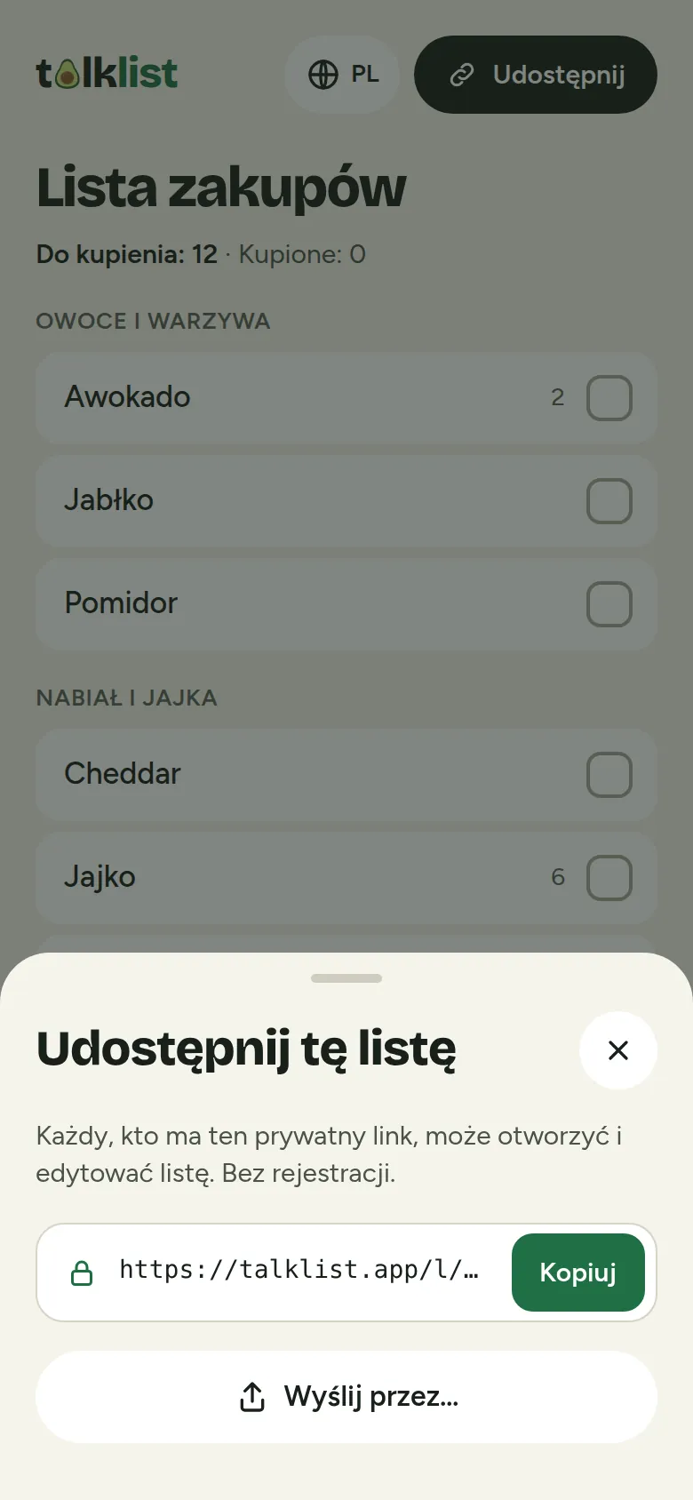 Okno udostępniania Talklist z prywatnym linkiem, przyciskiem Kopiuj i opcją Wyślij przez