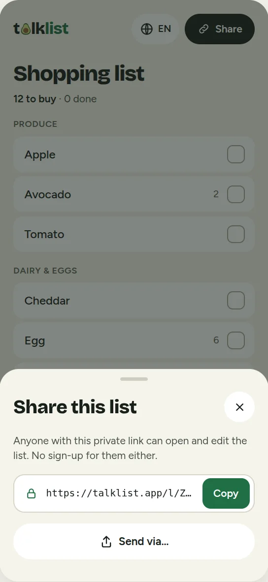 Talklist share sheet with a private link, a Copy button and a Send via option